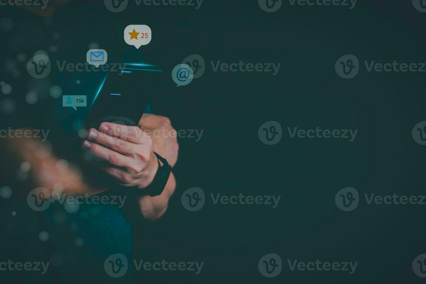 The concept of using digital media, technology, and social media. Surfing online, male hand using smartphone To chat or use social media, remote work concept, work from home via the Internet photo
