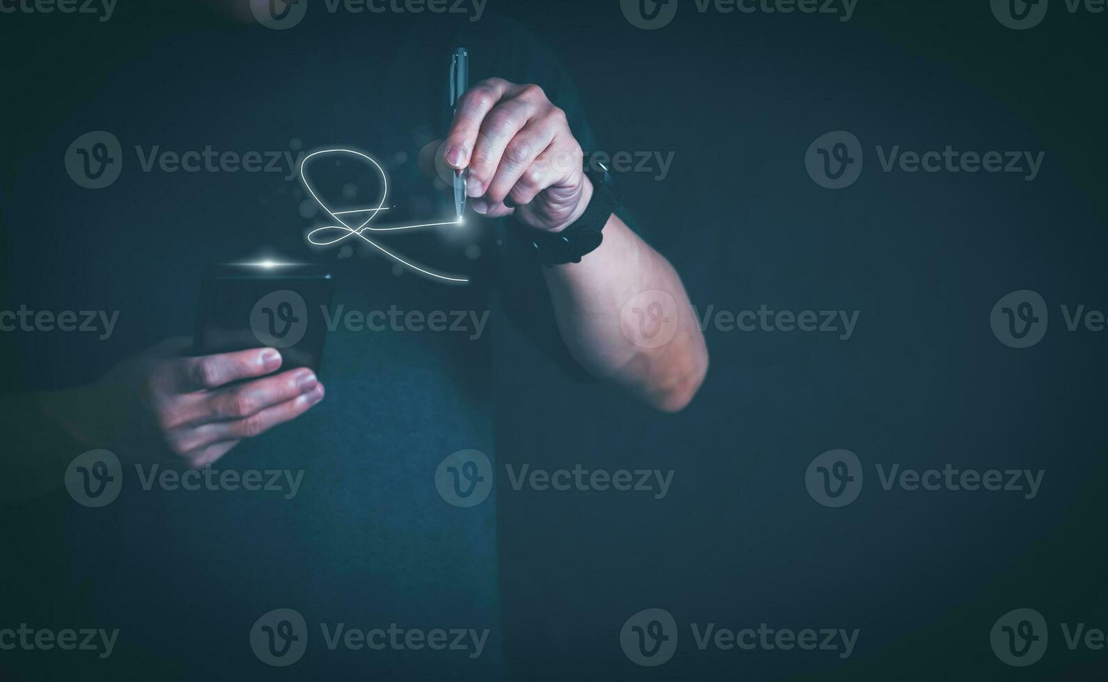 The person signing an electronic document on a smartphone, management concept, digital transformation Internet of Things, Big Data and Business Processes, Automated Operations, Data Storage photo