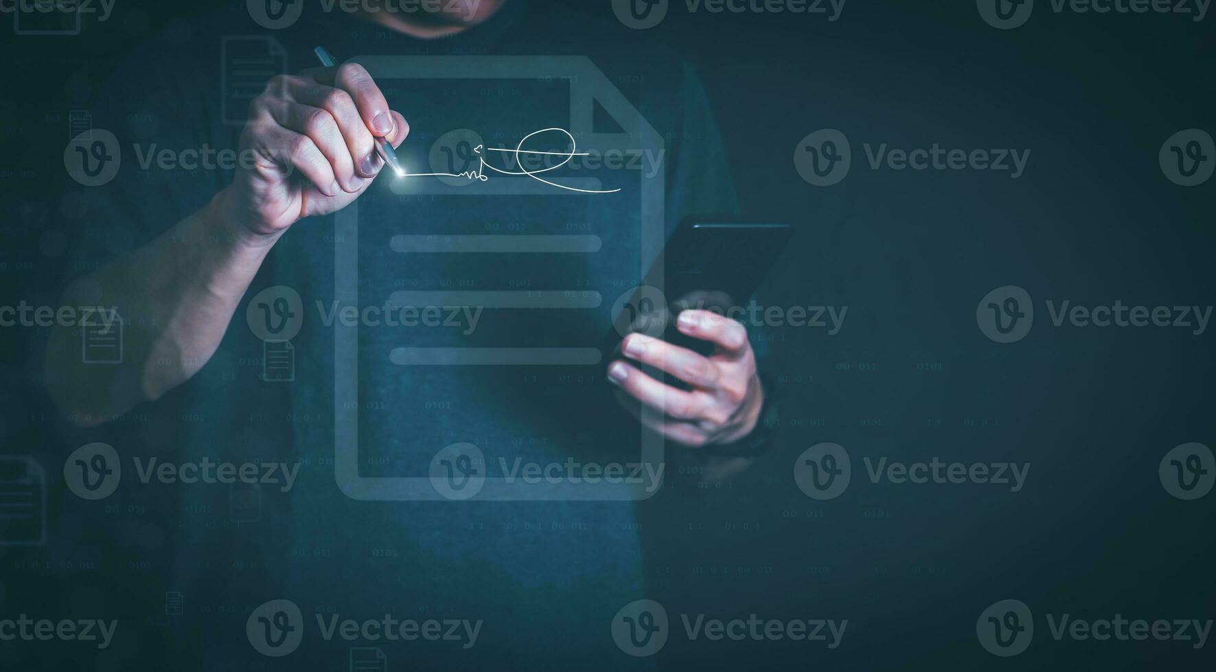 The person touching the virtual screen to sign a document digitally, digital transformation management concept Internet of Things, Big Data and Business Processes, Automated Operations, Data Storage photo