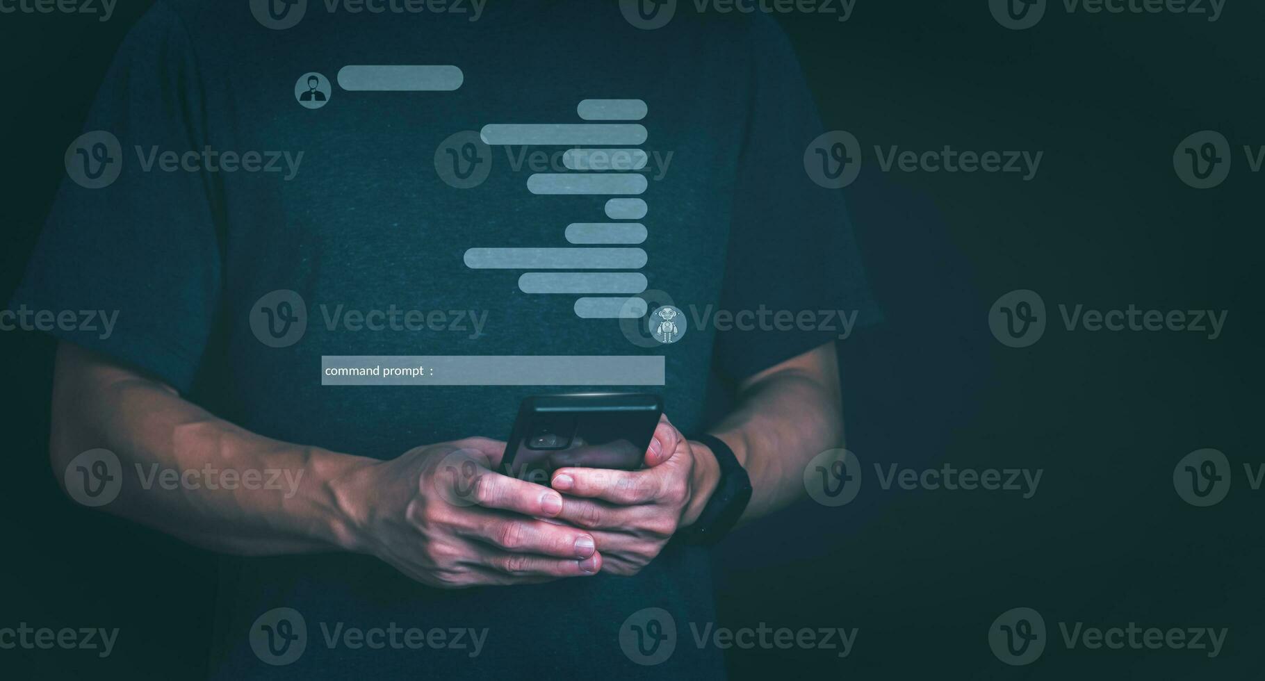 The concept of using digital media, technology, Surfing the world online, males using AI-powered smartphones to command or use social media, remote working concept, working from home via the internet photo