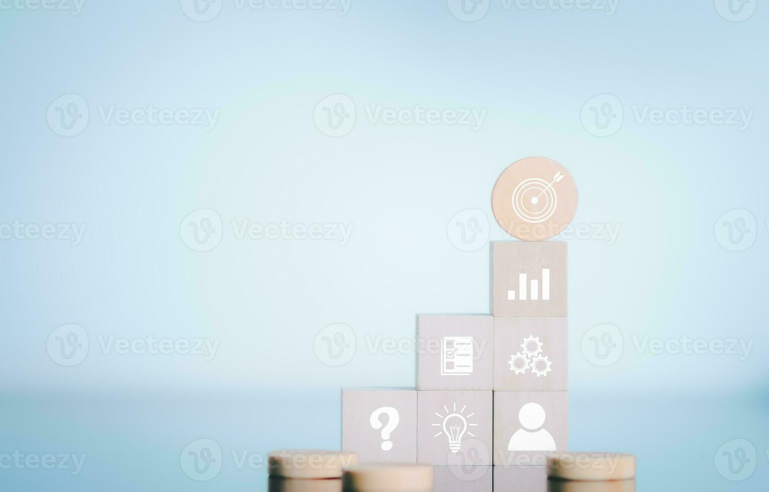 Planning and strategy, workflow, business growth, progress or success concept, tiling of wooden blocks to show workflow, business process, data analytics concept photo