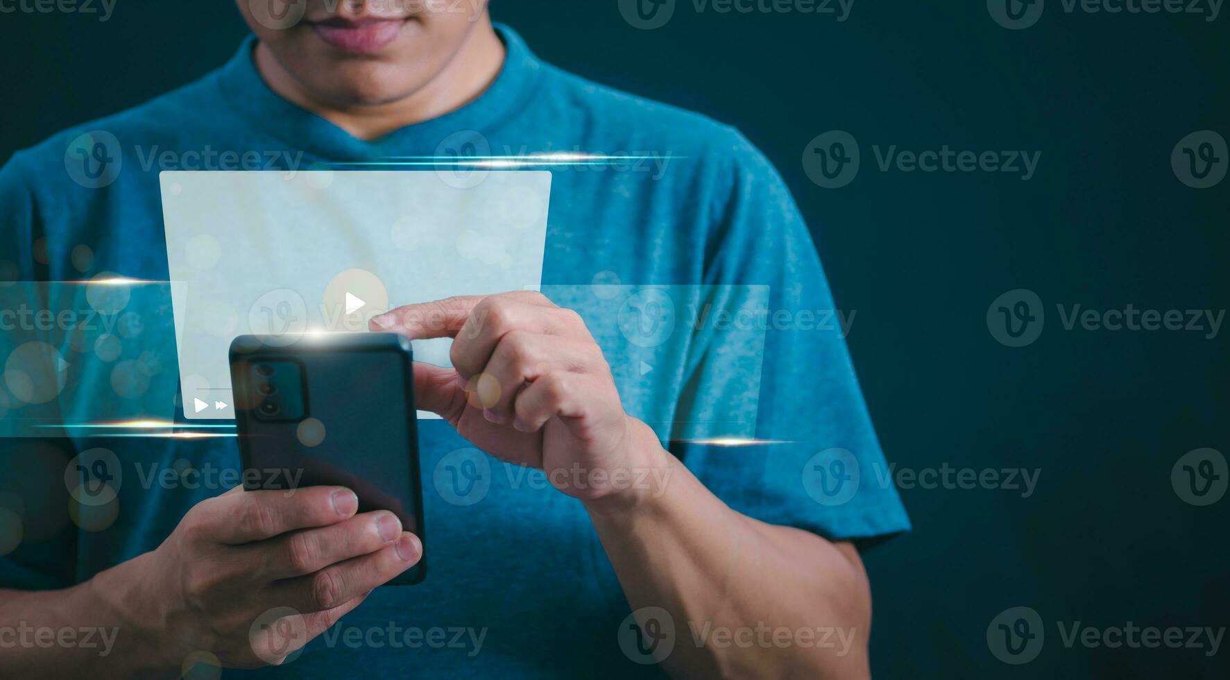 The man using smartphones, watching videos and studying online courses With the internet, the concept of global data connection with technology internet, big data, information search, online marketing photo