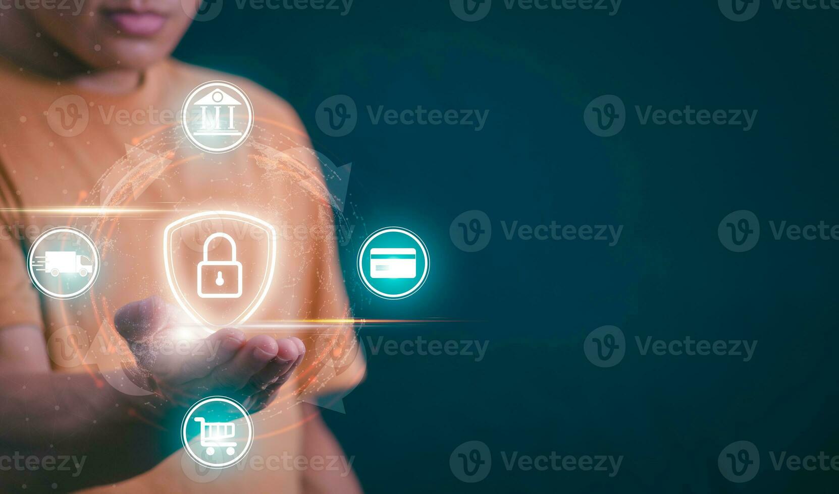 A person showing protection of financial transaction To demonstrate transaction security, management concept, Internet of Things, Big Data and Business Processes, Automated Operations, Data Storage photo
