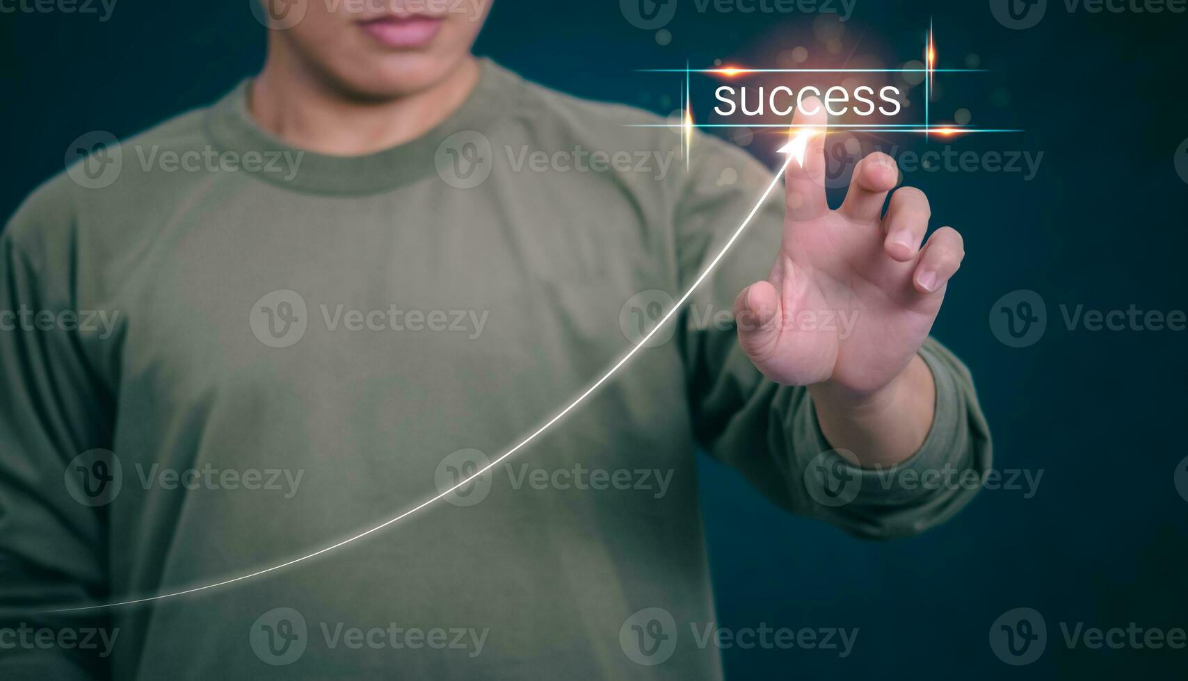 The person showing hologram success text in hand, progress concept or success concept, global data connection, big data, data search, big data, and business process. photo