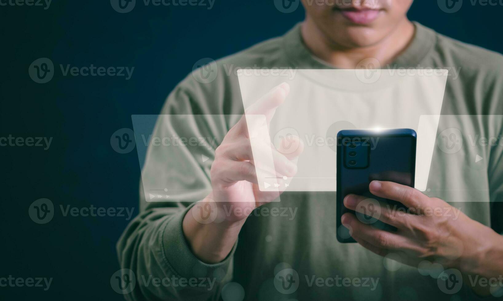 The man using smartphones, watching videos and studying online courses With the internet, the concept of global data connection with technology internet, big data, information search, online marketing photo