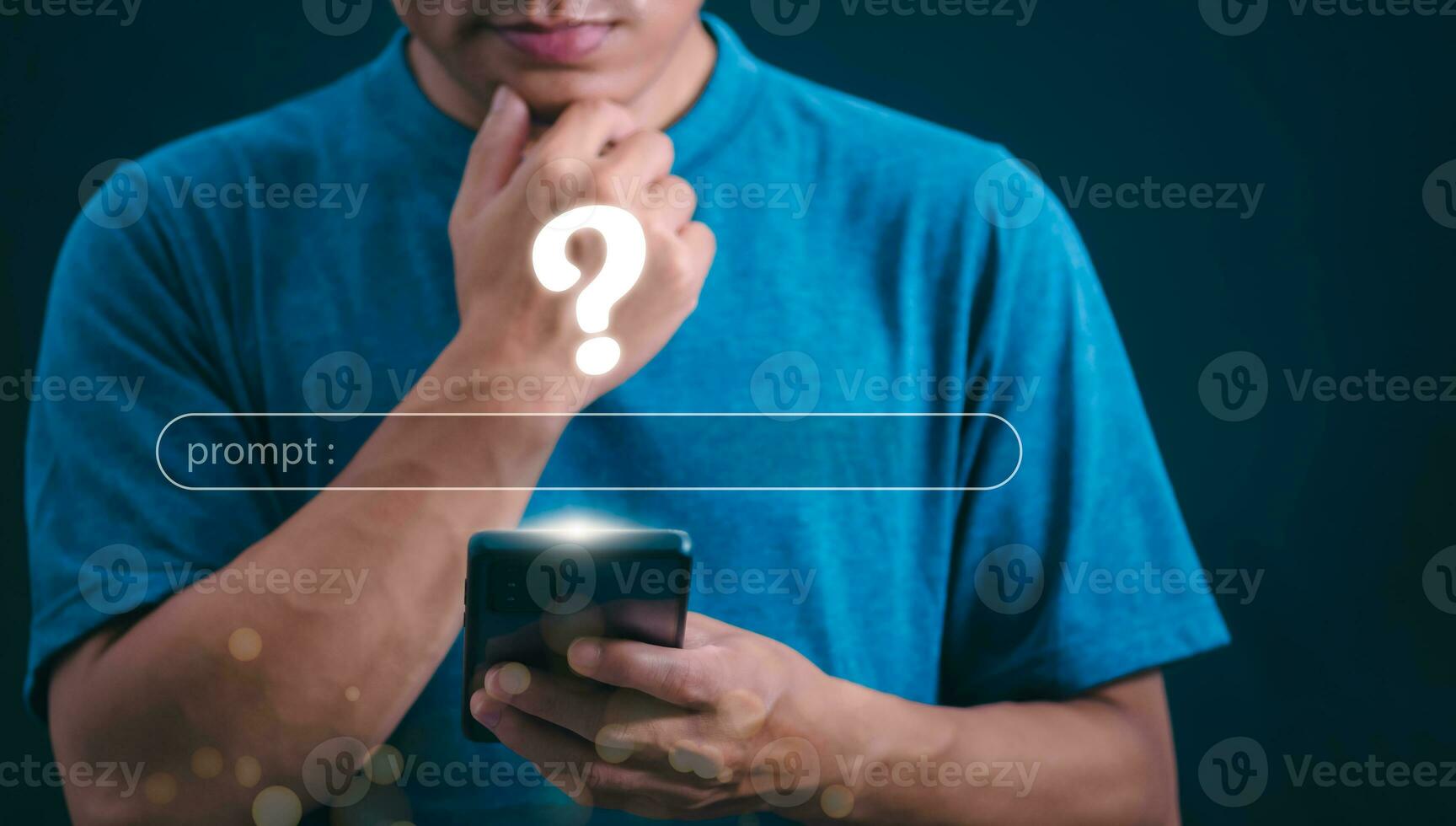 The concept of using digital media, technology, Surfing the world online, males using AI-powered smartphones to command or use social media, remote working concept, working from home via the internet photo
