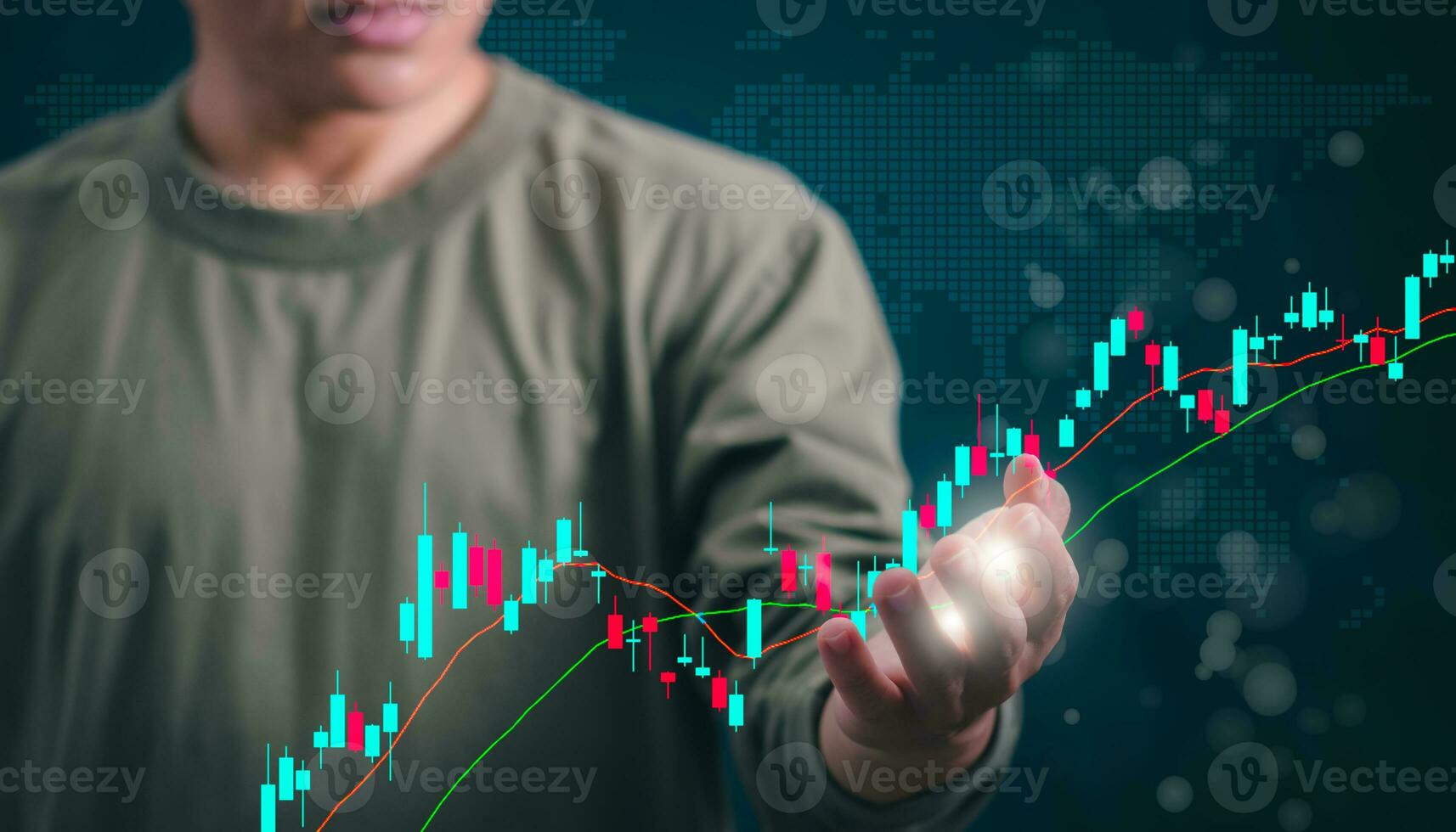 Planning and strategy, stock market, business growth, progress or success concept, businessman or trader showing growing virtual holographic stocks, invest in stock market trading or digital assets photo