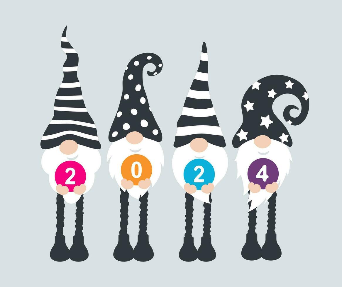 Four whimsical xmas gnomes in hat with balls and New Year 2024 numbers on gray background. Perfect for adding creativity to your projects. Vector illustration