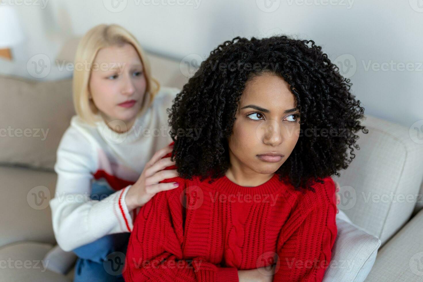 Two female friends sitting on sofa and arguing with each other. Friendship, quarrel, female disagreement, copy space. Angry couple or roommates sitting on a sofa in the living room at home photo