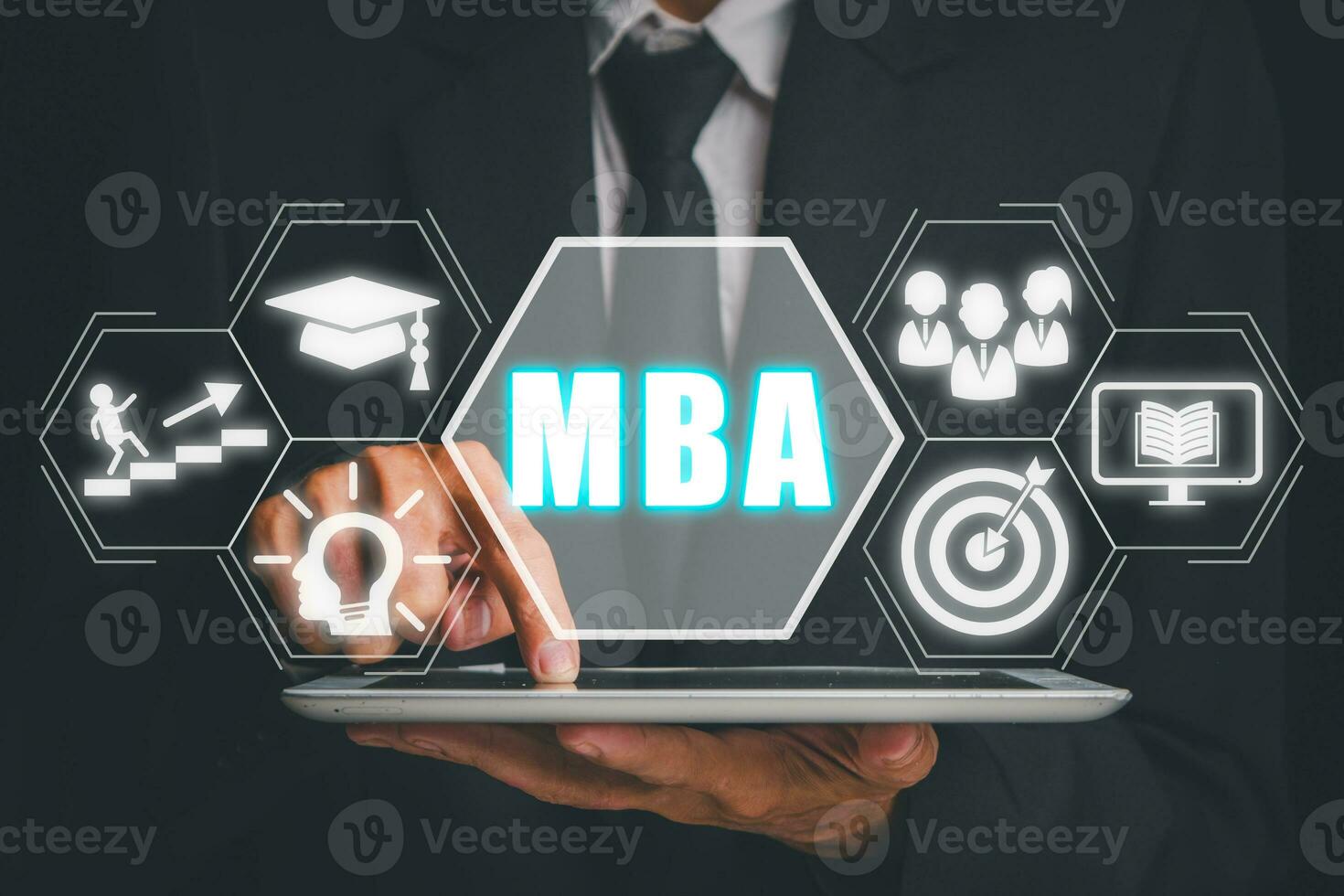 MBA, Master of business administration Education concept, Business person working on tablet with MBA icon on virtual screen. photo