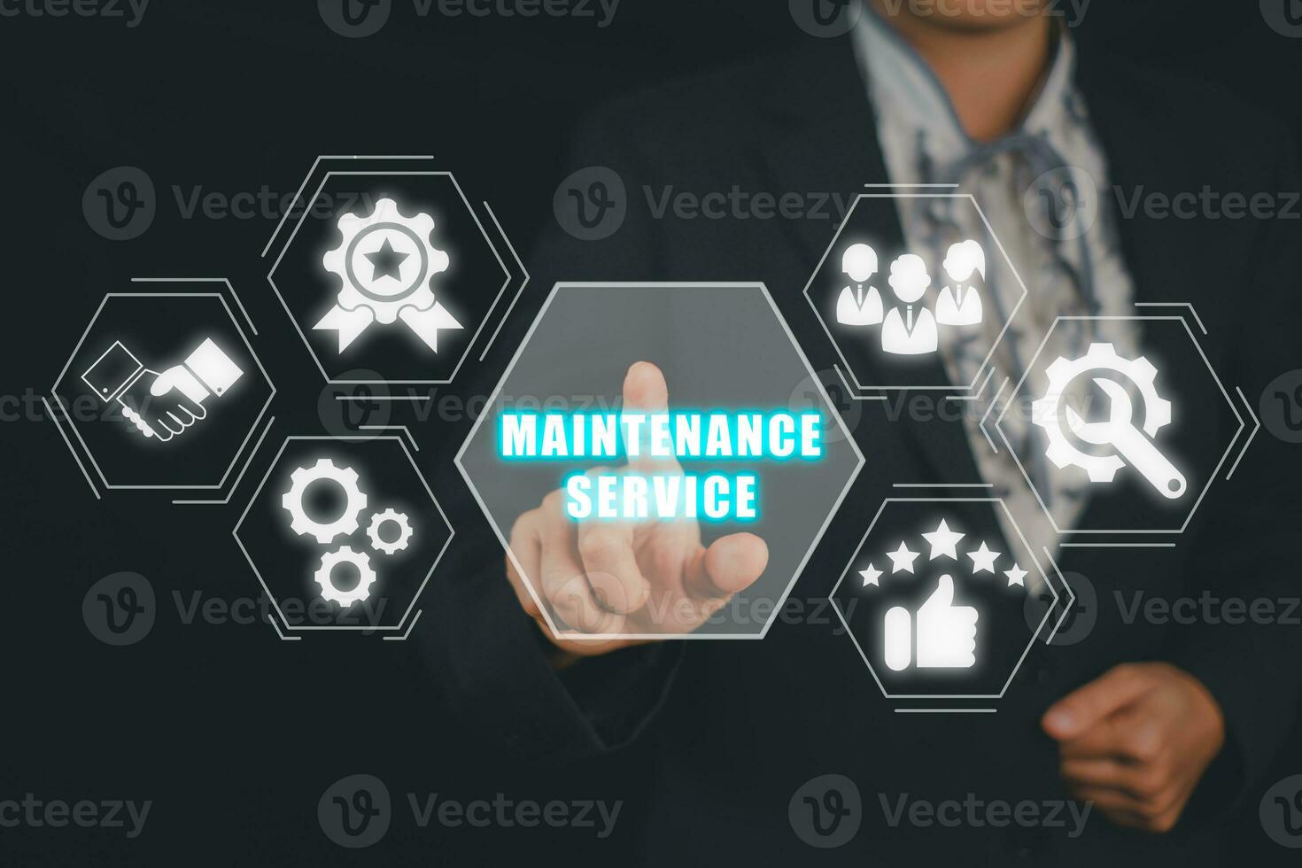 Maintenance services concept, Businesswoman hand touching maintenance services icon on virtual screen. photo