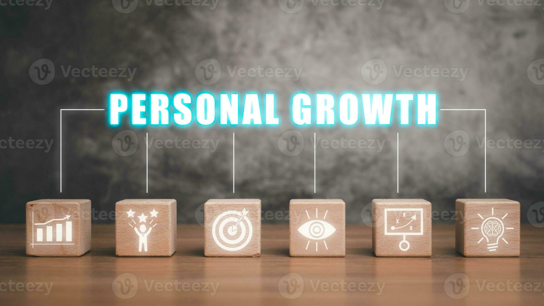 Personal growth concept, Wooden block on desk with personal growth icon on virtual screen, creativity, vision, motivation, planning, develop. photo