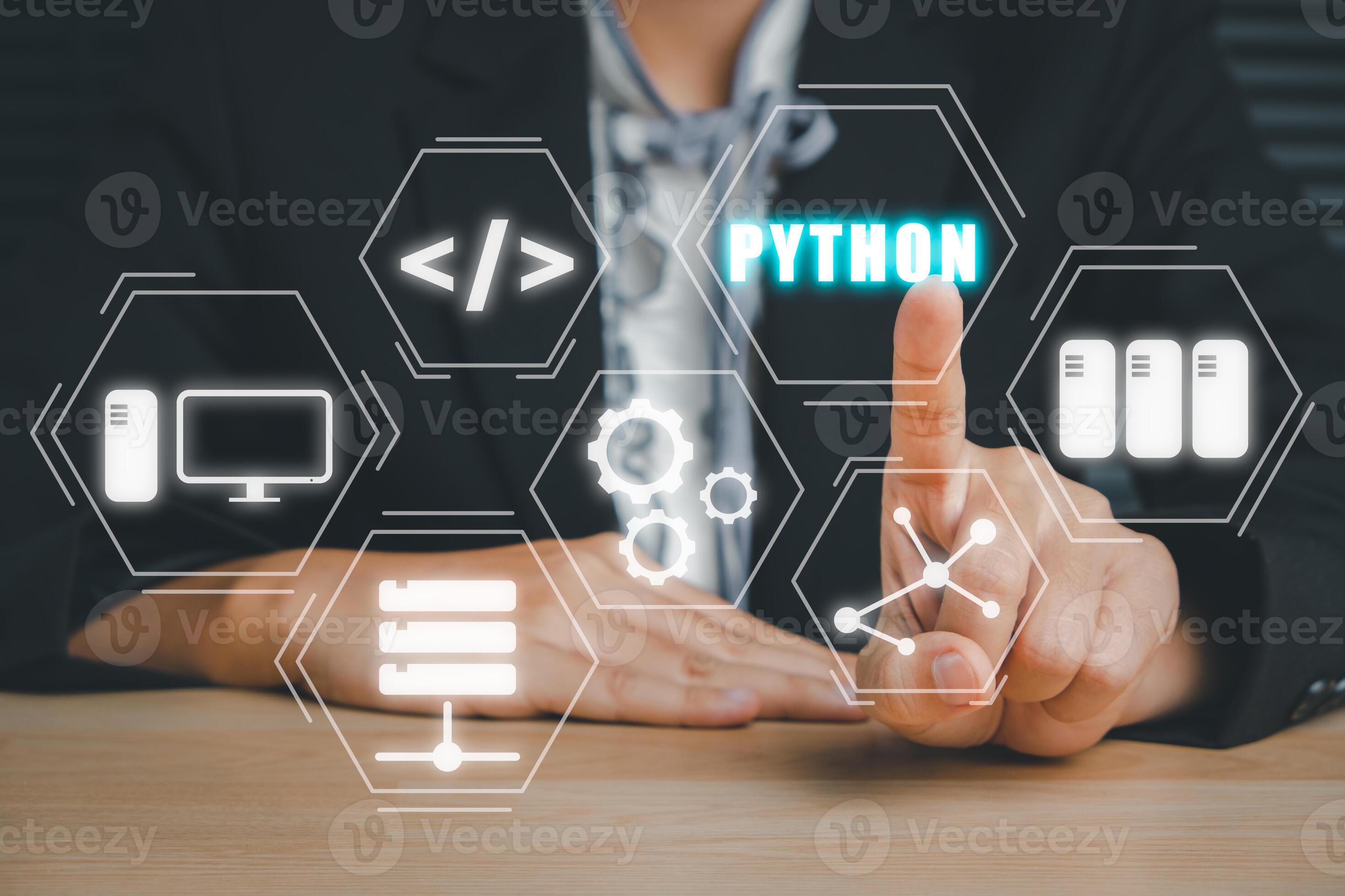 Python Programming Language, Woman hand touching python programming ...