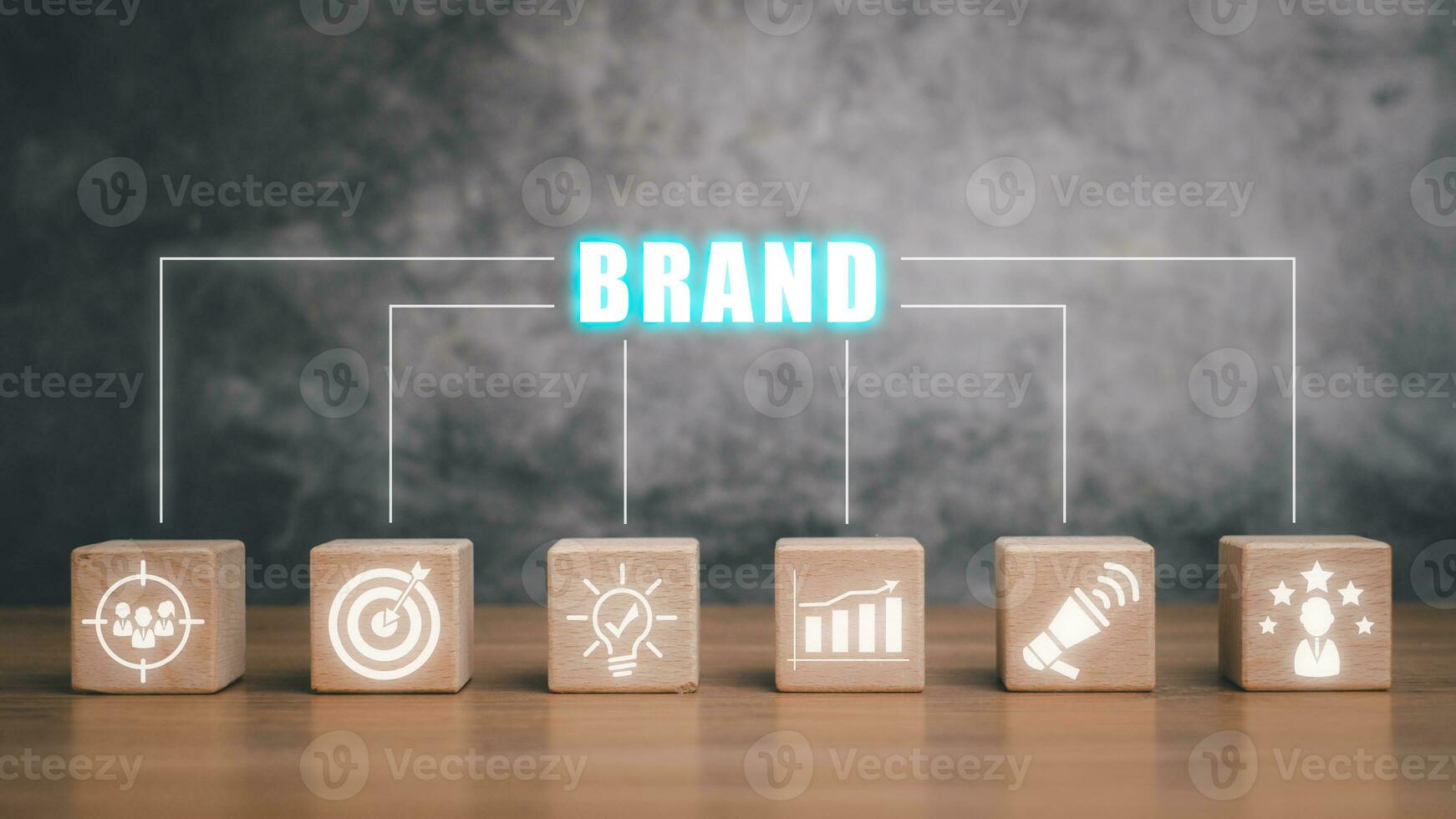 Brand concept, Wooden block on desk with brand icon on virtual screen. photo