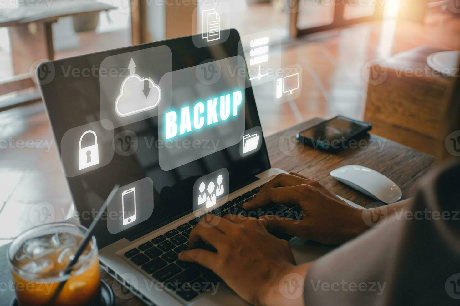 Backup storage data internet technology business concep, Businesswoman using a computer with VR screen backup icon on desk. photo