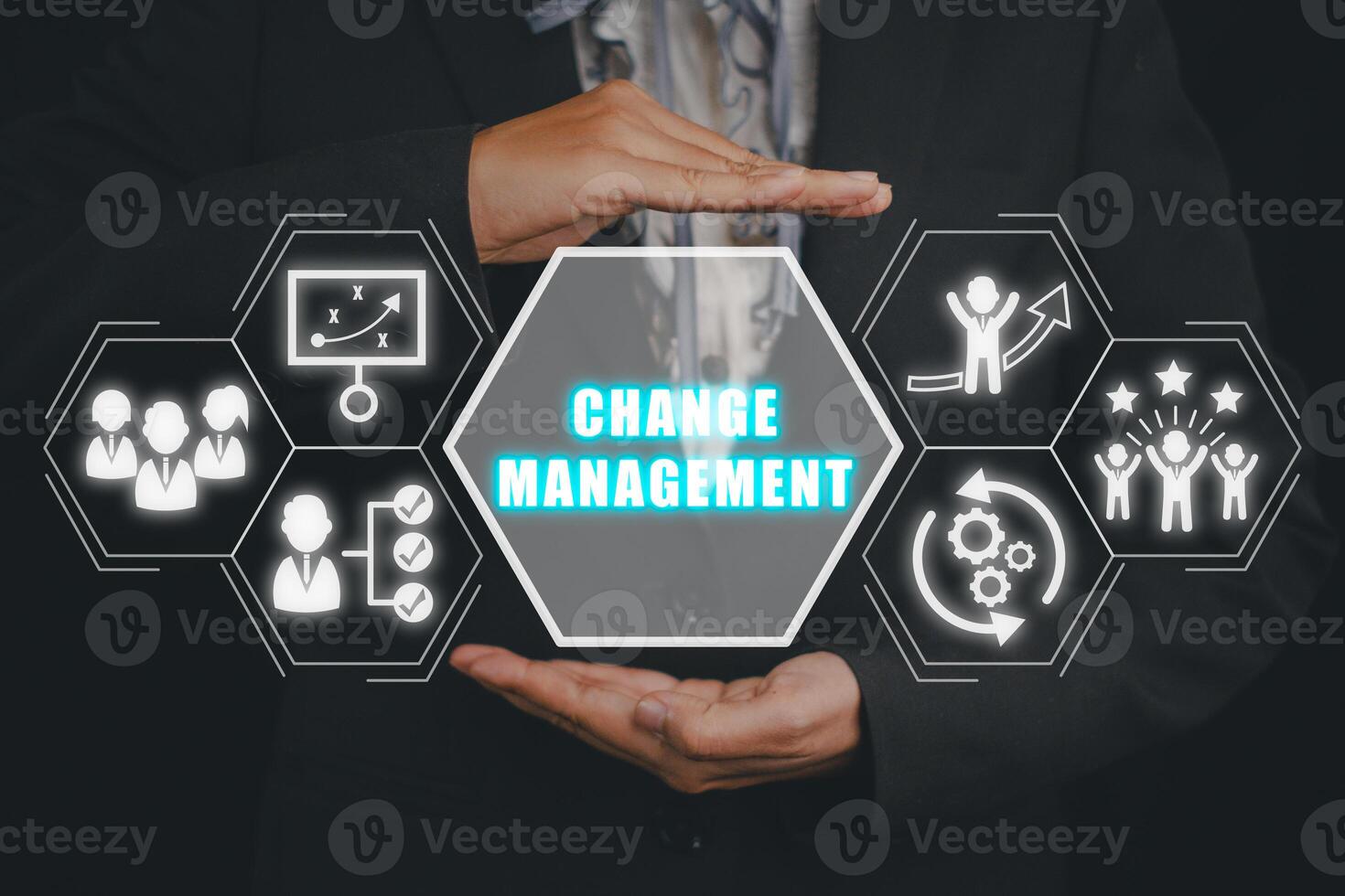 Change management in organization and business concept, Businesswoman hand holding change management icon on virtual screen background, plan, implementation, communication. photo