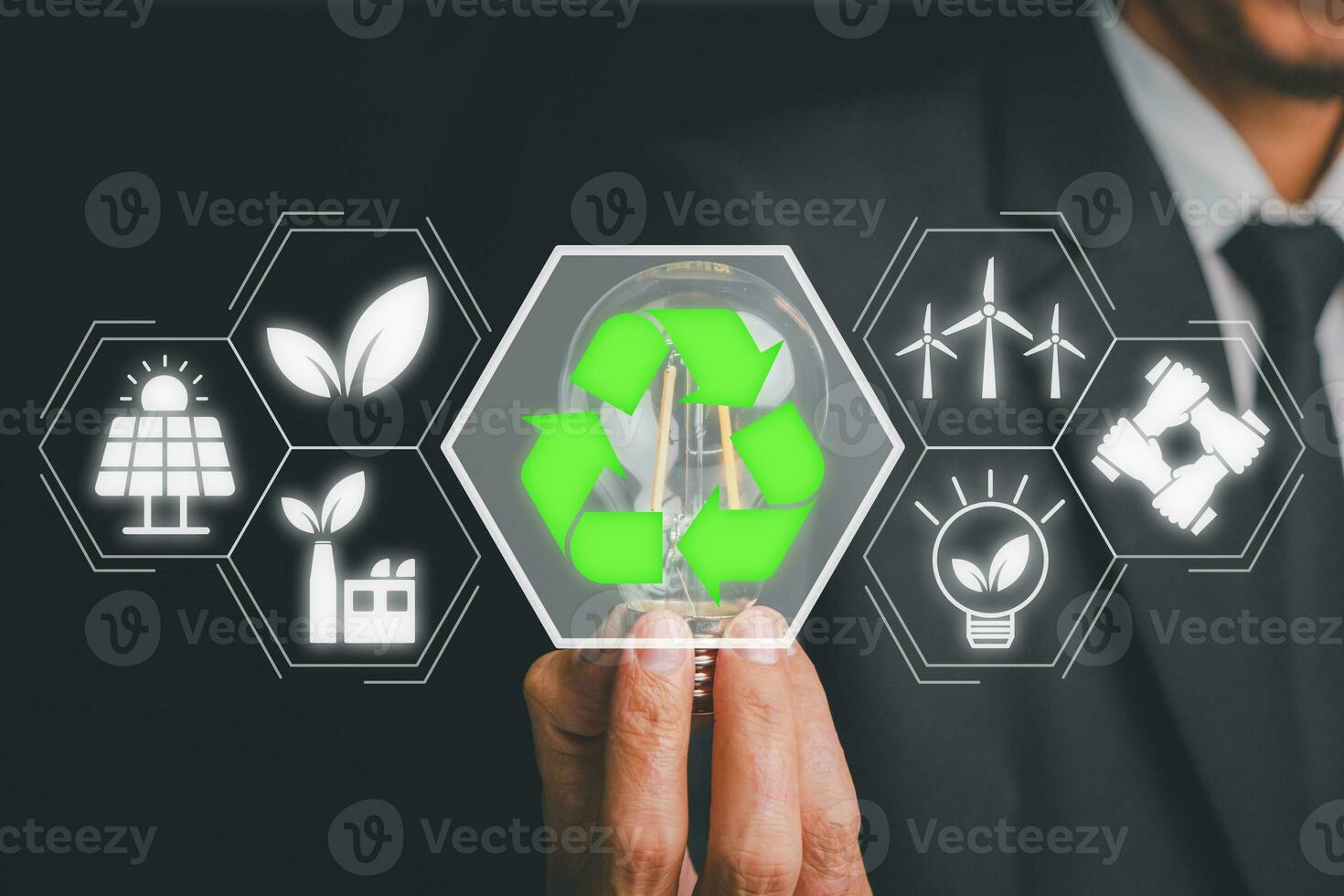 Businesswoman hand holding light bulb with esg icon on virtual screen, ESG Environmental, social and corporate governance concept. photo