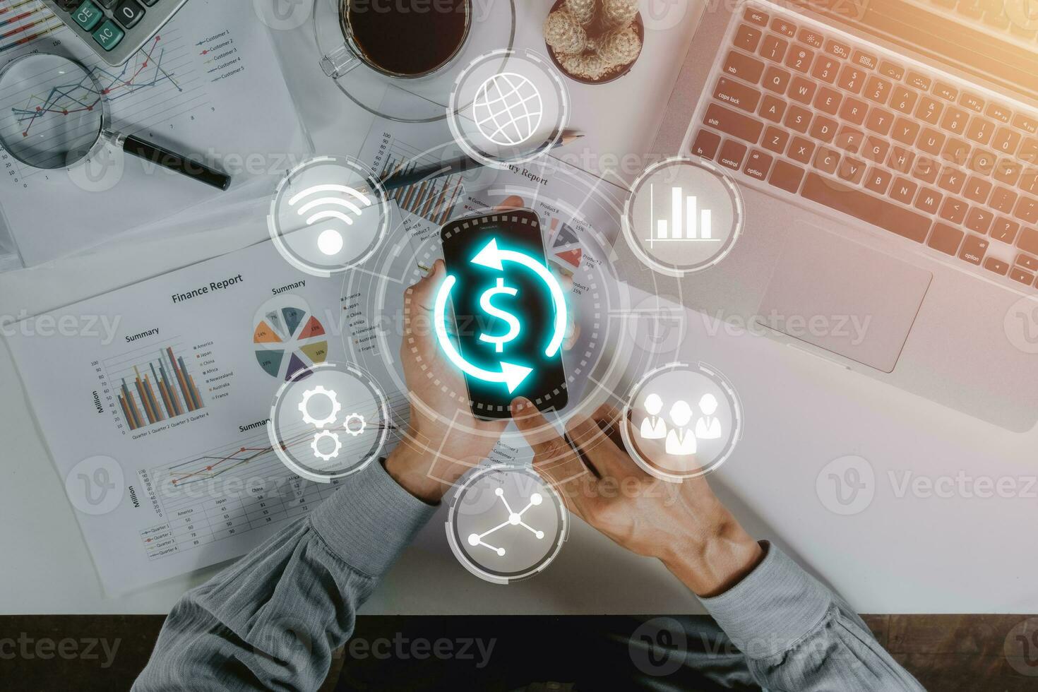 rápido. sociedad para en todo el mundo interbancario financiero telecomunicaciones, empresario utilizando teléfono inteligente con vr pantalla rápido icono en oficina escritorio, financiero bancario regulación concepto. foto