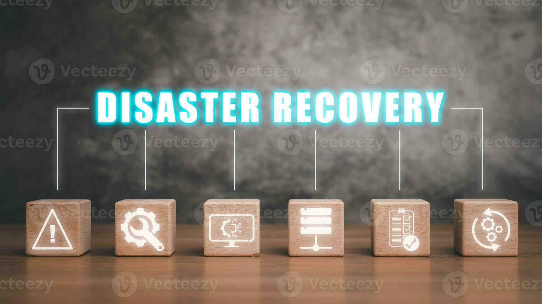 Disaster Recovery concept, Wooden block on desk with disaster recovery icon on virtual screen background, Data loss prevention. photo