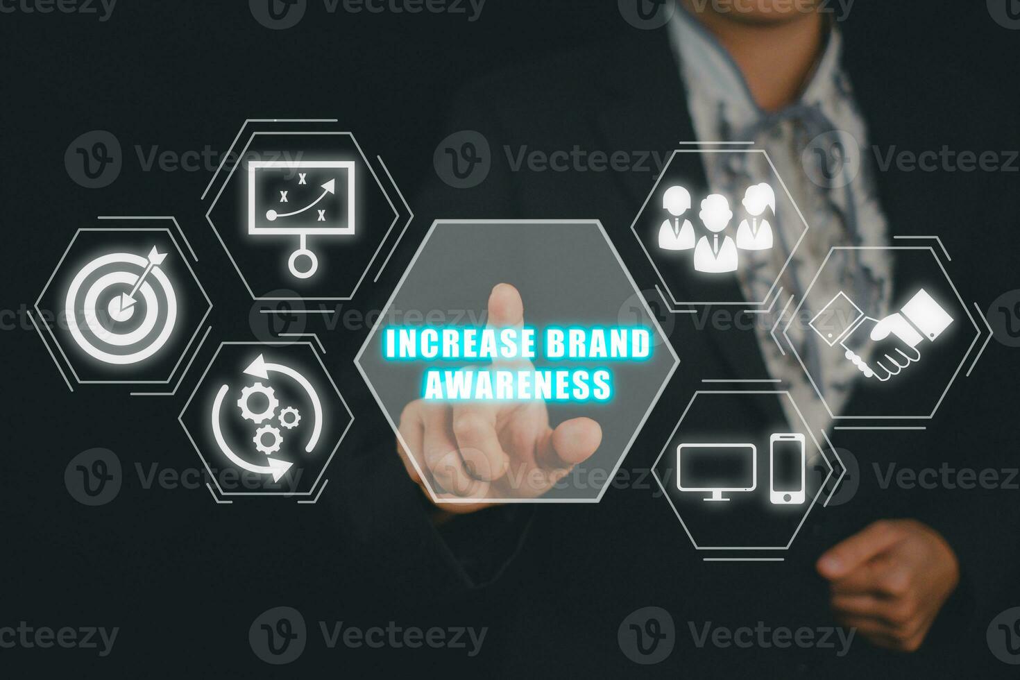 Increase brand awareness concept, Businesswoman hand touching increase brand awareness icon on virtual screen. photo