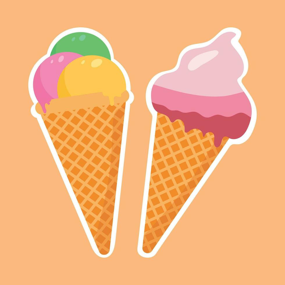 Two ice creams in a cone. Sweet cold dessert. vector