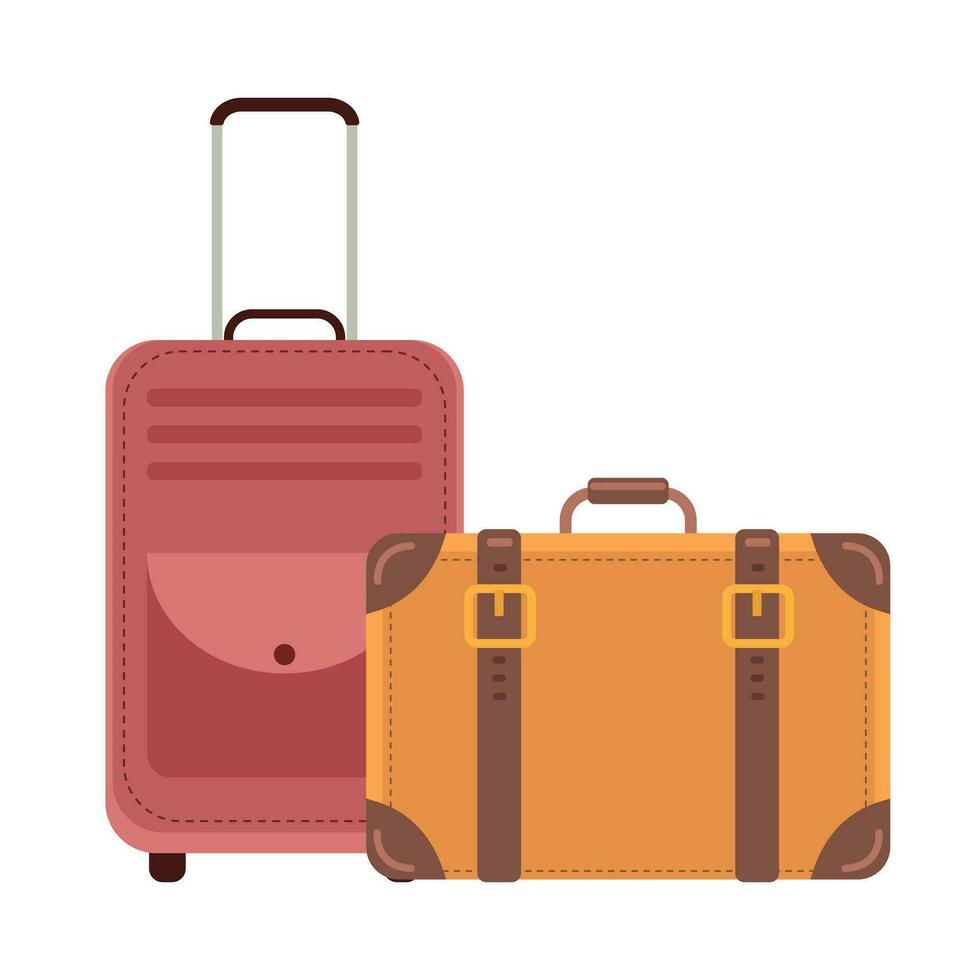 A yellow retro suitcase with buckles and straps and a modern red suitcase on wheels. vector