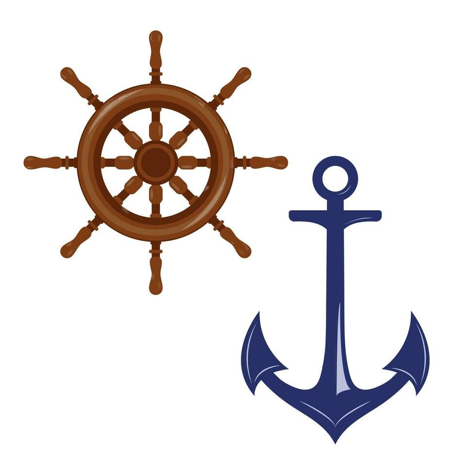 Ship's helm and anchor. vector