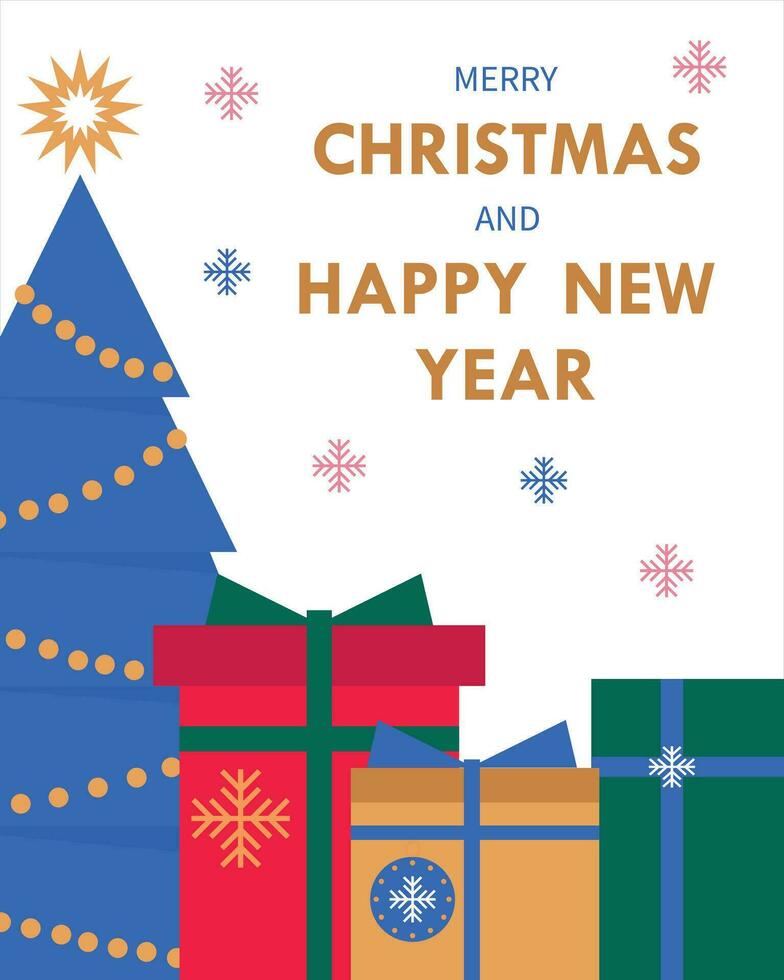 New Year and Christmas card with tree and gifts. vector