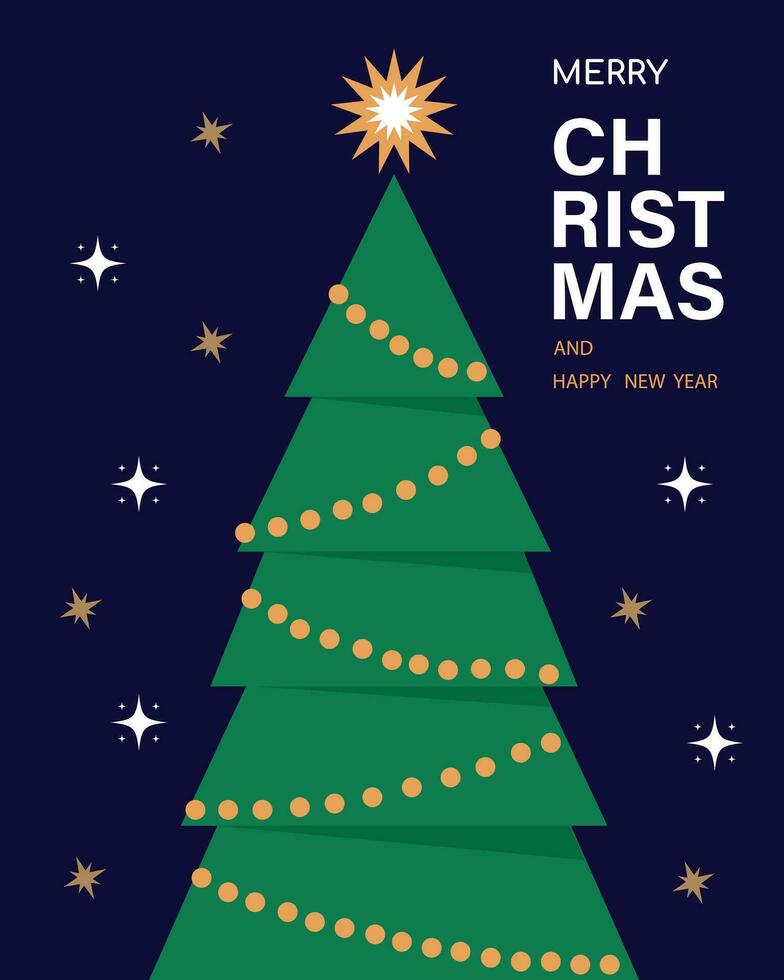 Merry Christmas and Happy New Year card with Christmas tree. vector