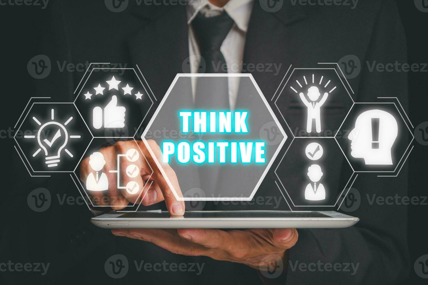 Think positive concept, Businessman using digitla tablet with think positive icon on virtual screen. photo