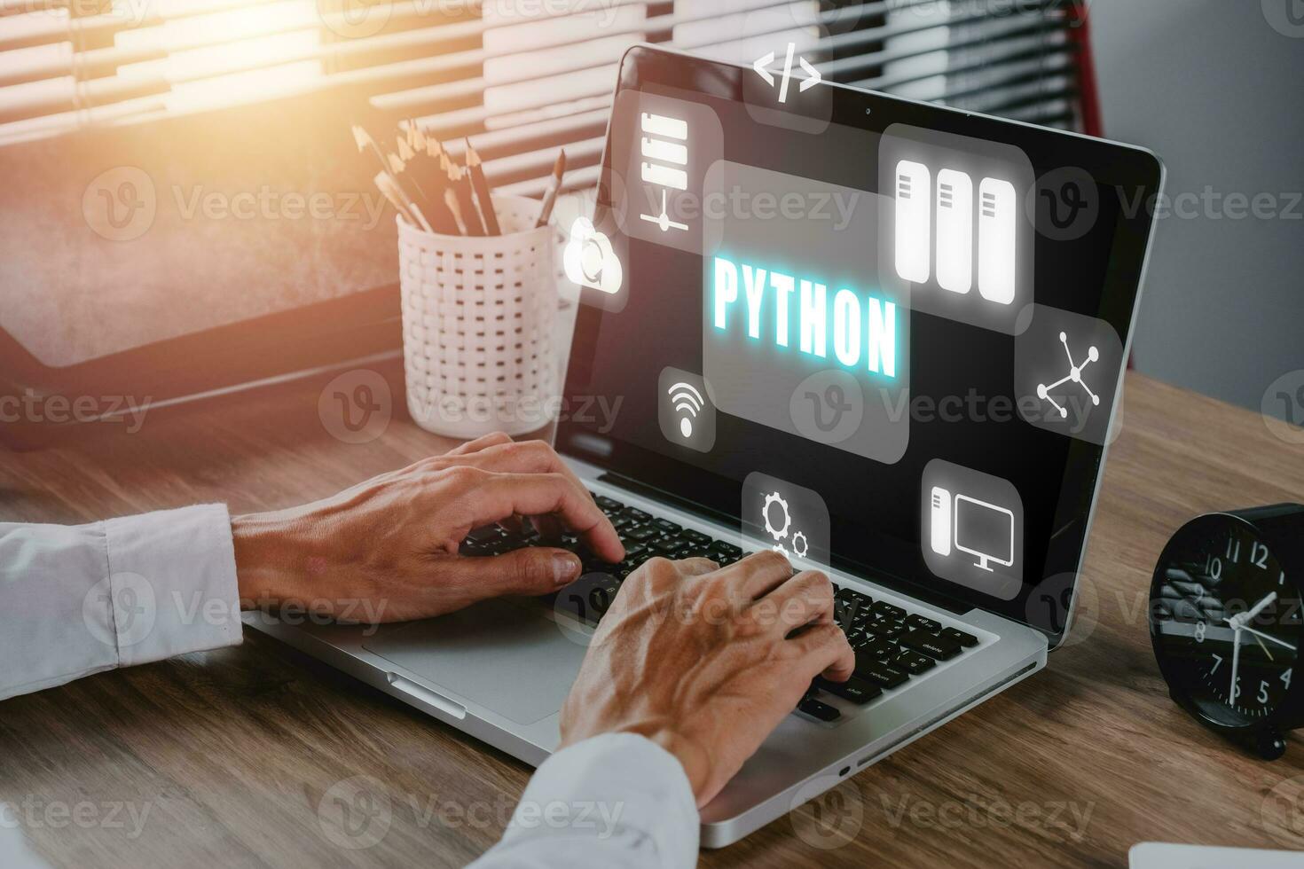Python Programming Language, Woman hand typing keyboard with python programming icon on virtual screen, Application and web development concept. photo