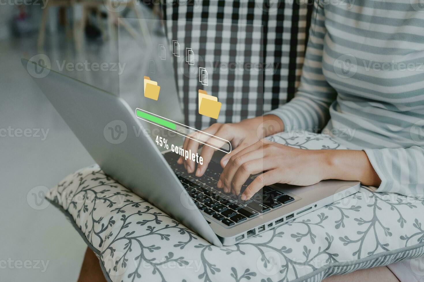 Transfer files data system relocation concept, Person hand using laptop computer waiting for transfer file process with loading bar icon on virtual screen. photo