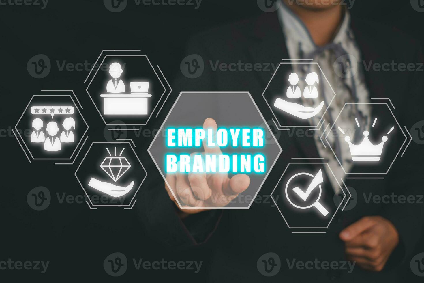 Employer branding concept, Business woman hand touching employer branding  icon on virtual screen. photo