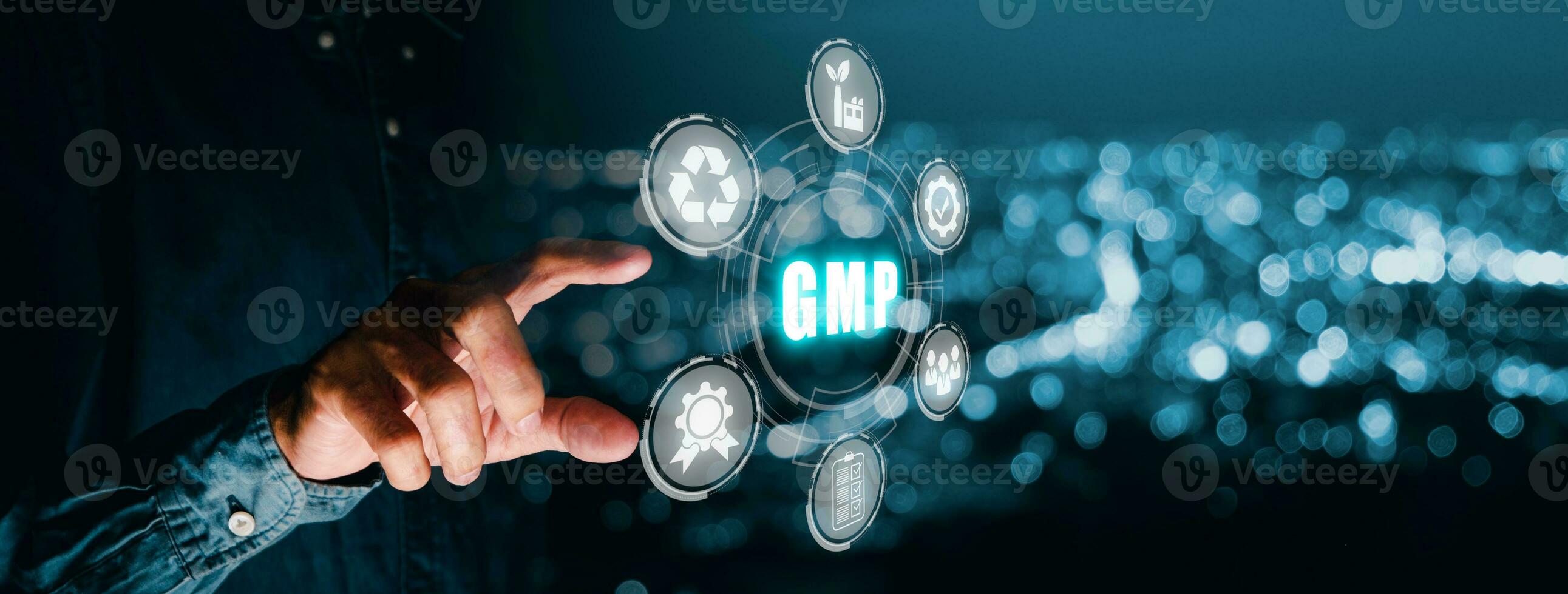 Good Manufacturing Practice Medical Pharmacy, Person hand touching VR screen GMP icon background, Industrial Practices Quality Assurance Education. photo
