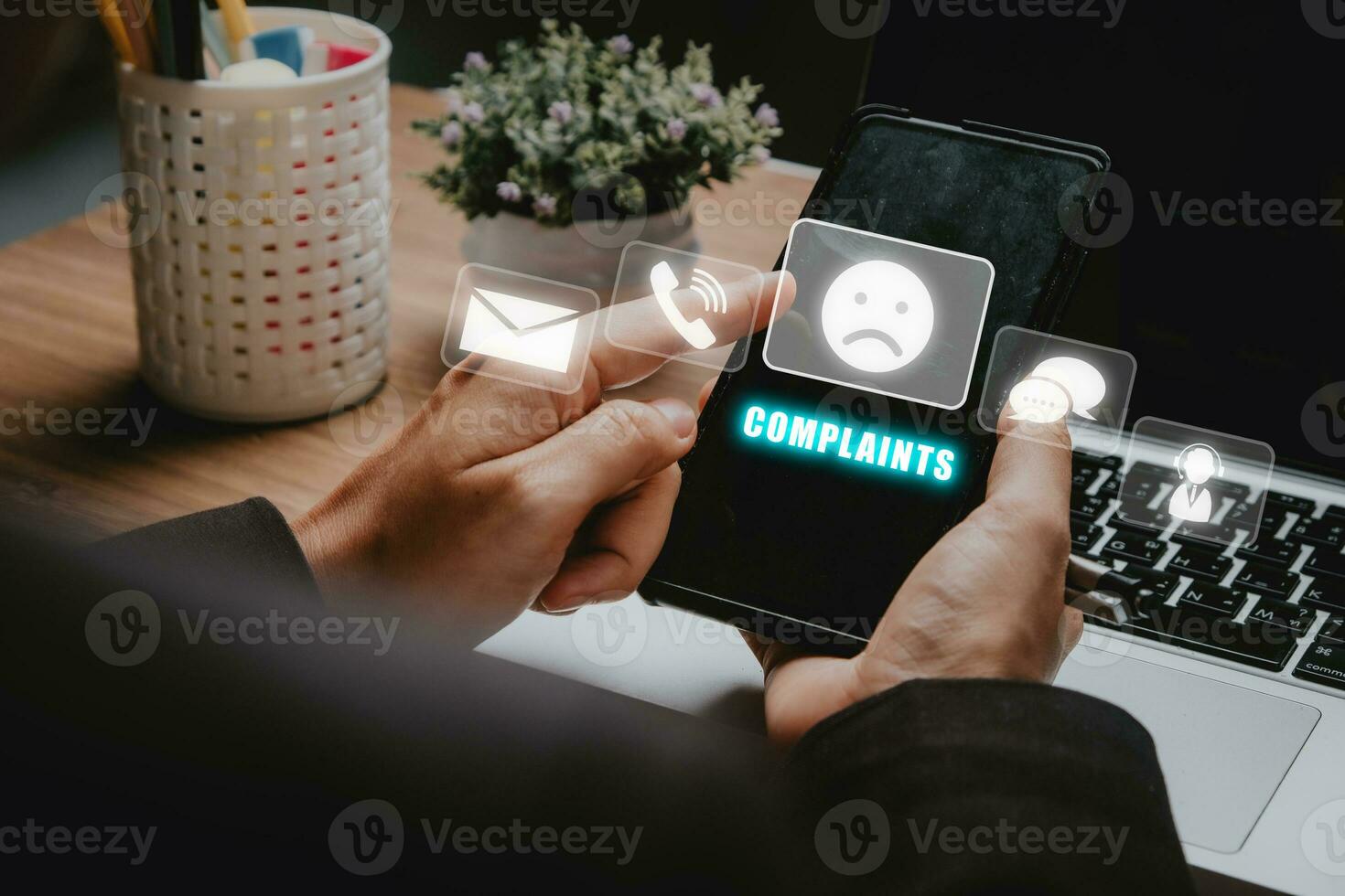 Complaints concept, Business woman using smartphone with complaints icon on vr screen, dissatisfaction from product or service problem, angry feedback from client. photo