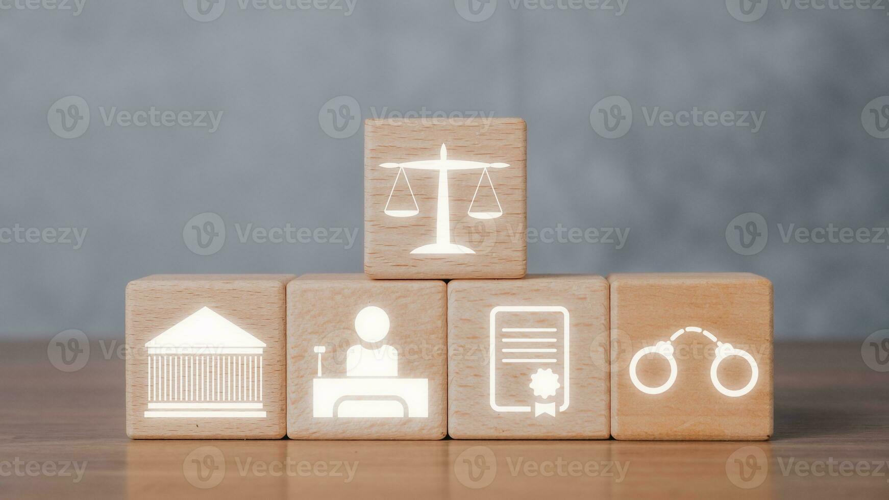 Wooden cube block with law icon on vr screen, copy space, terrorism, crime, judgment, verdict, justice and law concept. photo