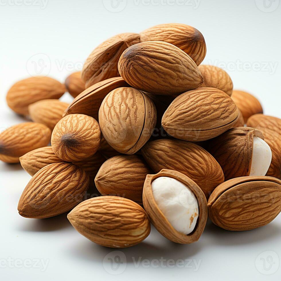 Sweet brown almonds on a white background photo