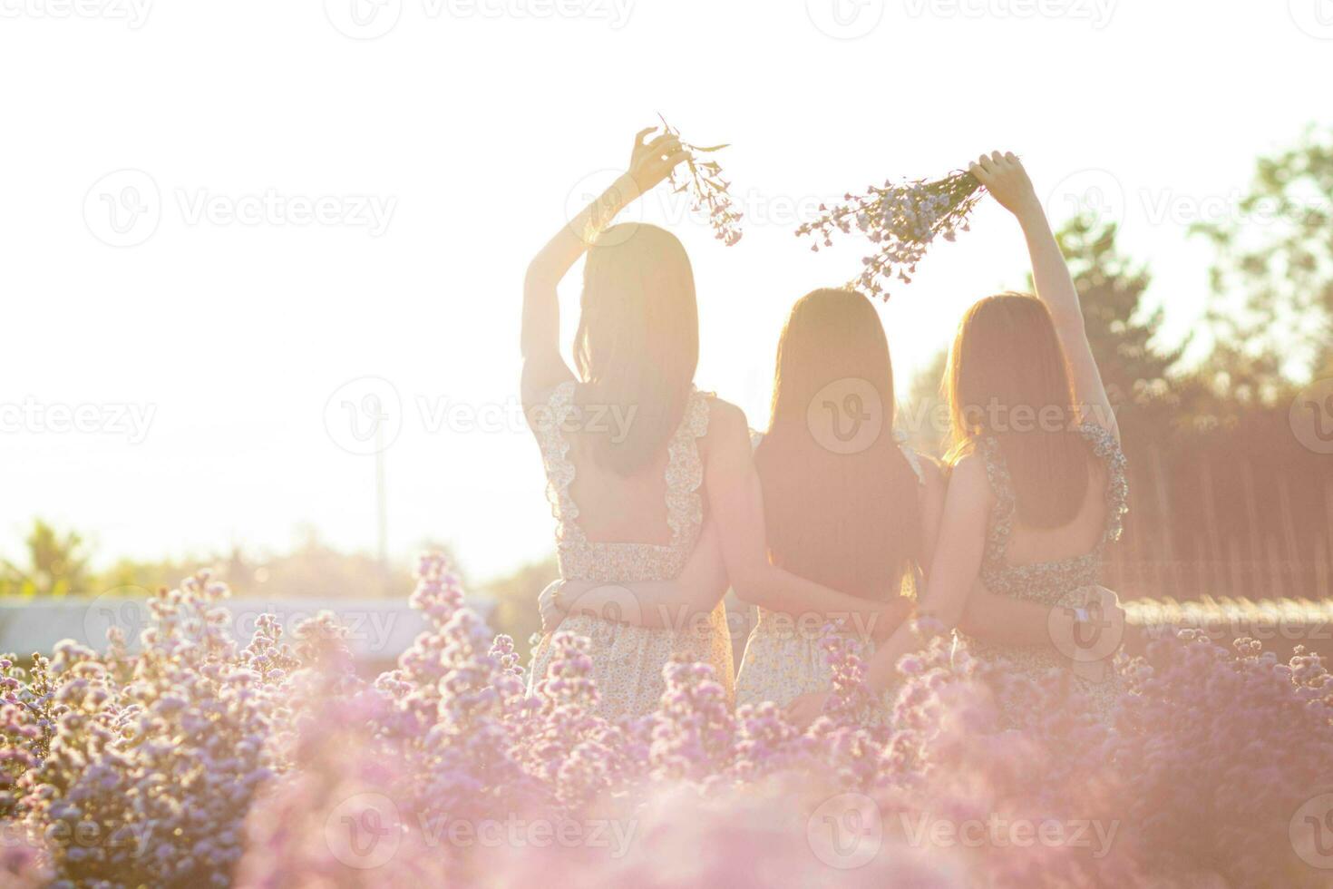 woman and his friends were blessed in flower garden and watching view of the beautiful blooming flower in evening. woman having blessed with group of friends, concept of friendship, love and kindness. photo