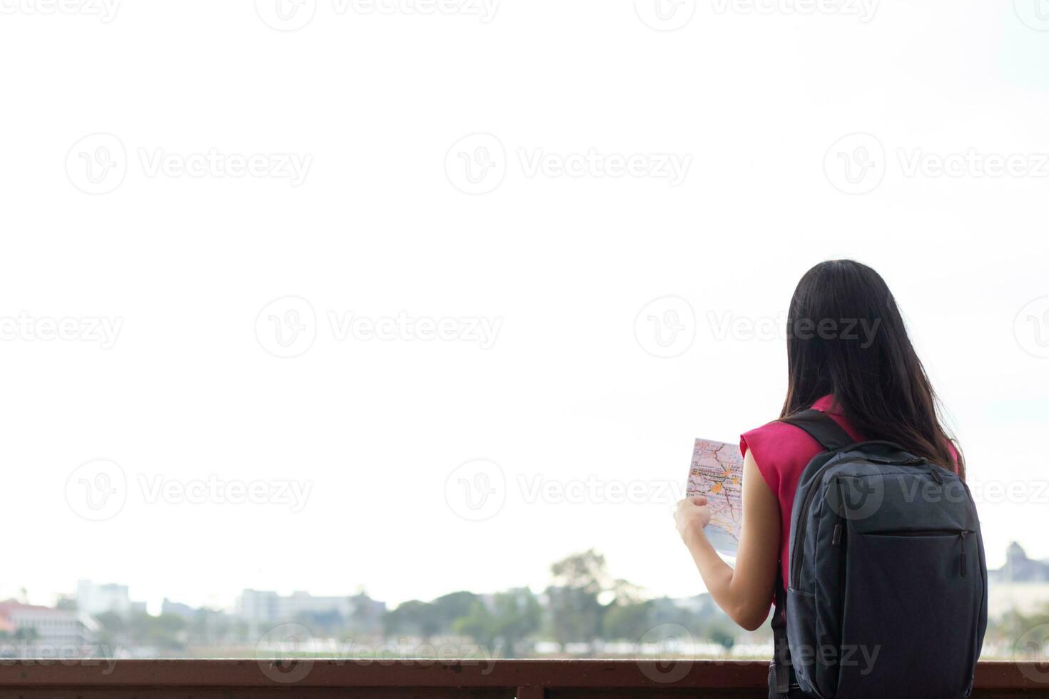 Back scene of woman alone with feeling lonely and depressed on blurred background of beautiful nature scenery . concept of woman who had to be alone in past was depressed when she encountered problems photo