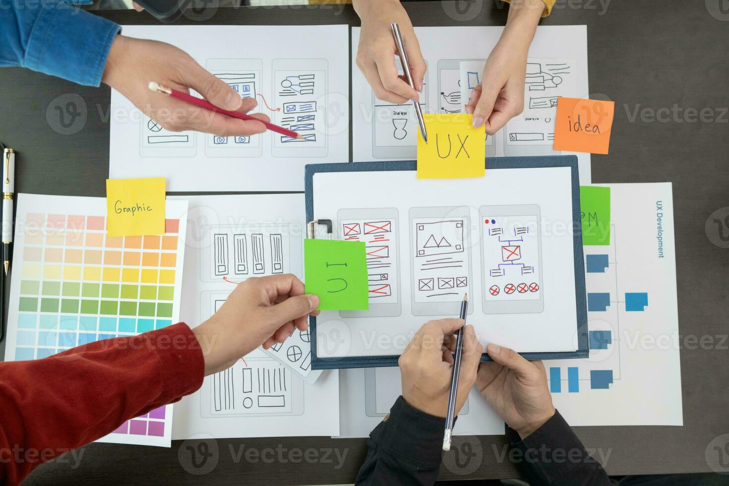 equipo de ui ux web diseñador son trabajando juntos a desarrollar móvil sensible sitios web con ui ux frente final diseñador vistas previas, ui ux web desarrollo ideas, frente final diseñador. solicitud desarrollo foto