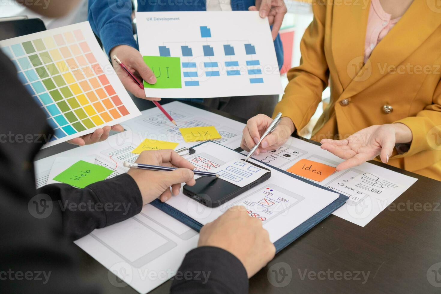 team of UI UX web designer are working together to develop mobile responsive websites with UI UX front end designer previews, UI UX web development ideas, front end designer. application development photo