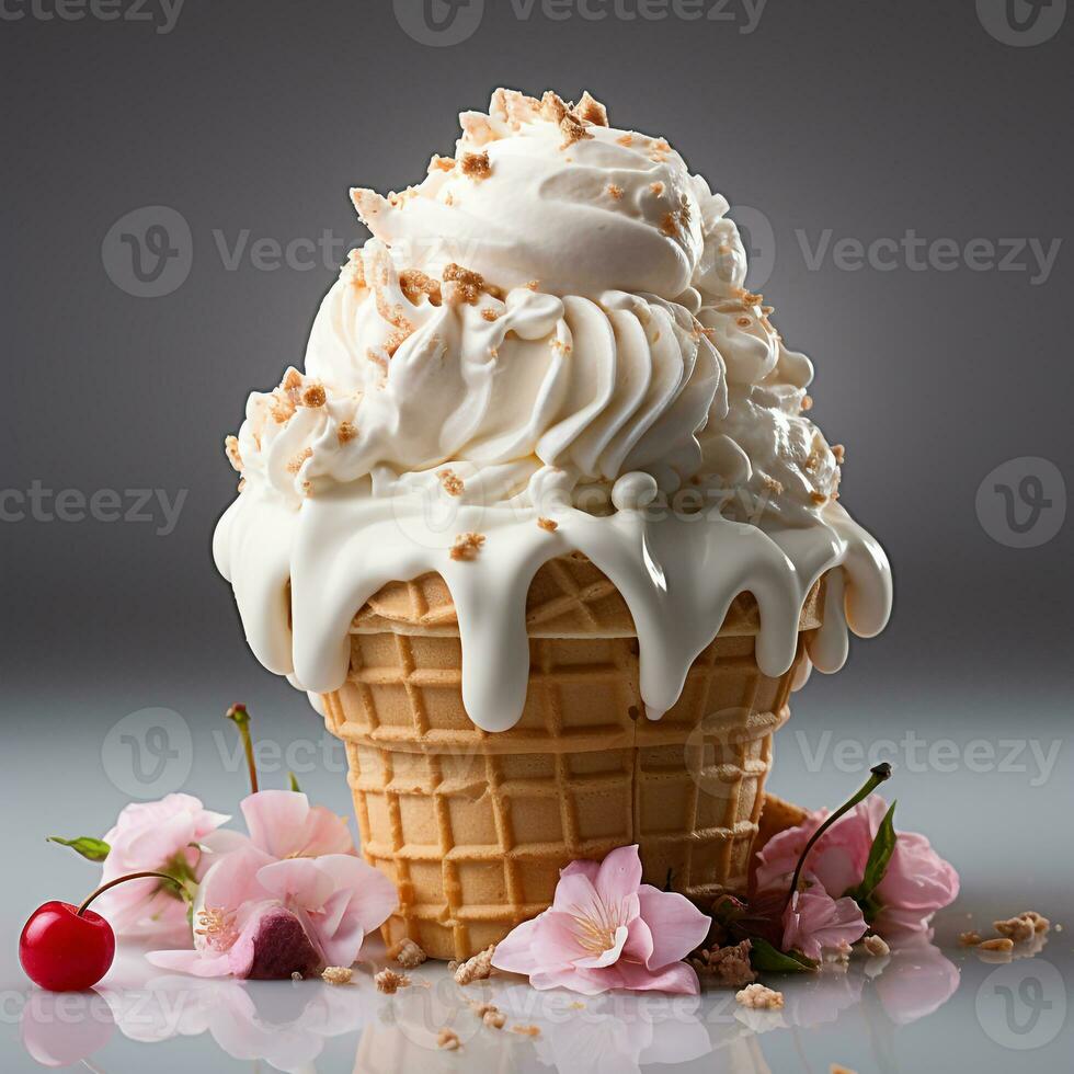 dulce hielo crema con taza y Adición blanco antecedentes foto