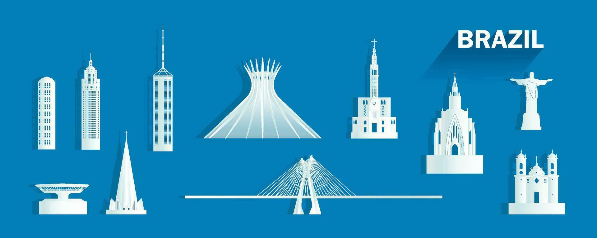 viaje puntos de referencia Brasil con aislado silueta arquitectura en azul antecedentes. vector