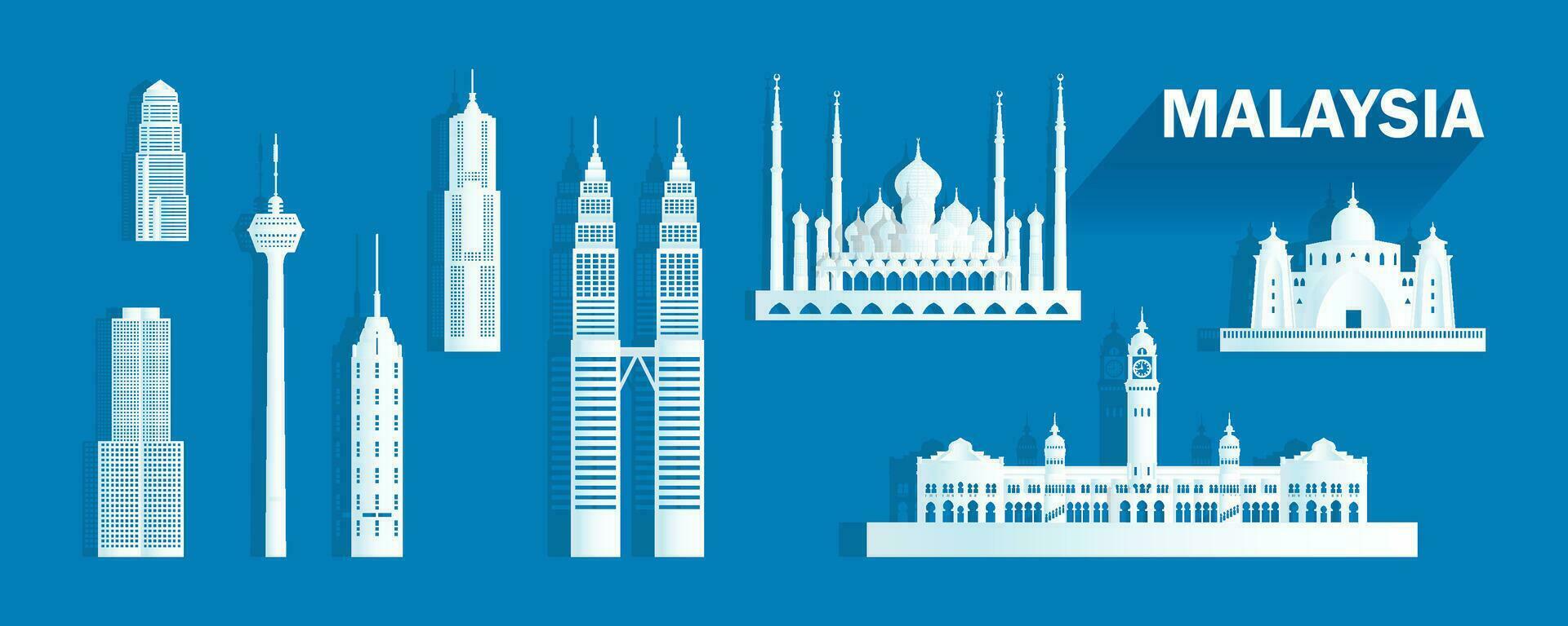 Travel landmarks Malaysia with isolated silhouette architecture on blue background. vector