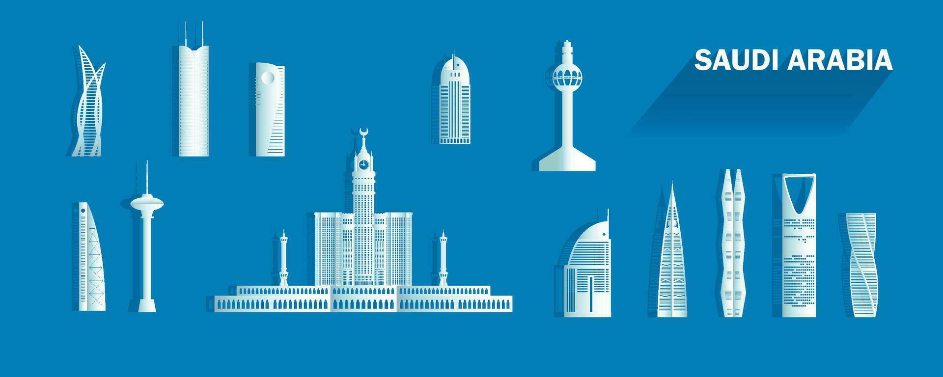 Travel landmarks Saudi Arabia with isolated silhouette architecture on blue background. vector