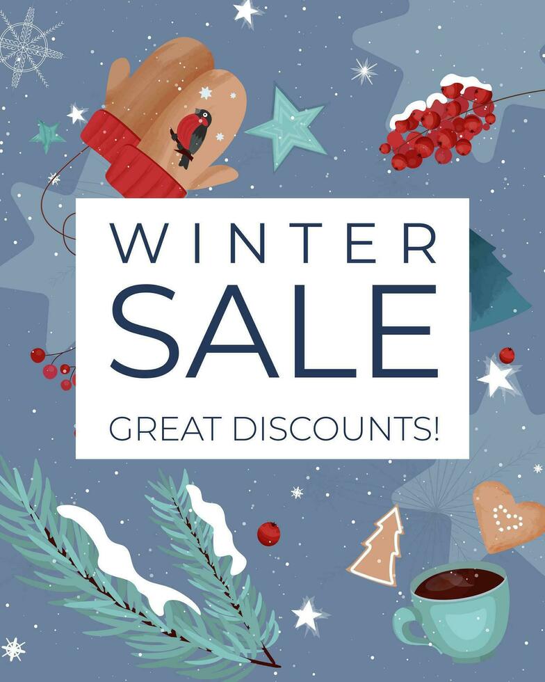 Winter sale banner with discount text. Template for design poster, banner, invitation, voucher. Promo discount season offer. vector