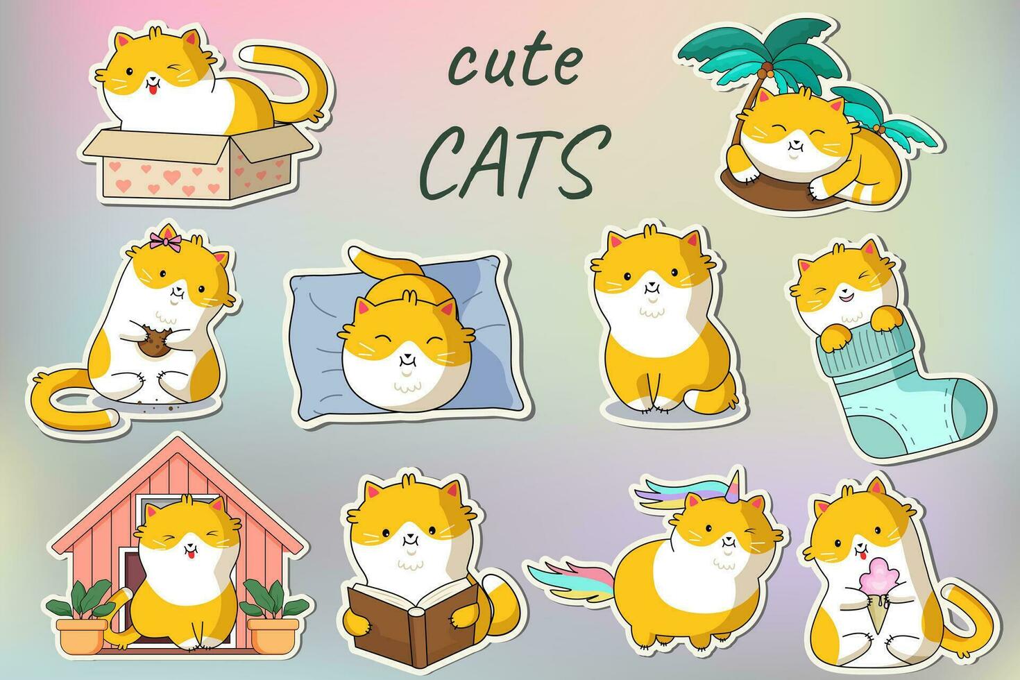 linda kawaii gatos en gracioso poses - vector colocar. gracioso dibujos animados gatos impresión o pegatina diseño. adorable kawaii mascota animales