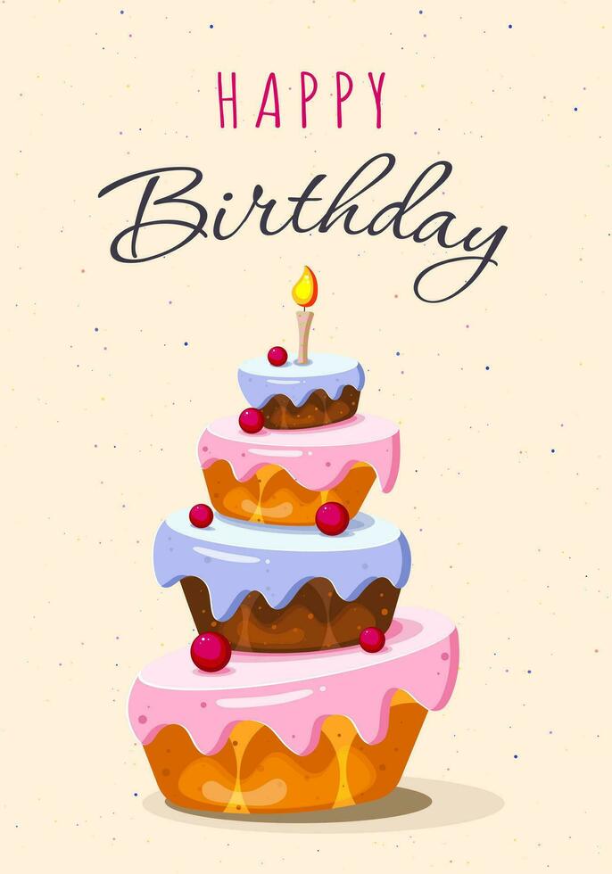 Birthday cake vector greeting card. Happy birthday text with yummy cake element decoration for party. Vector Illustration.