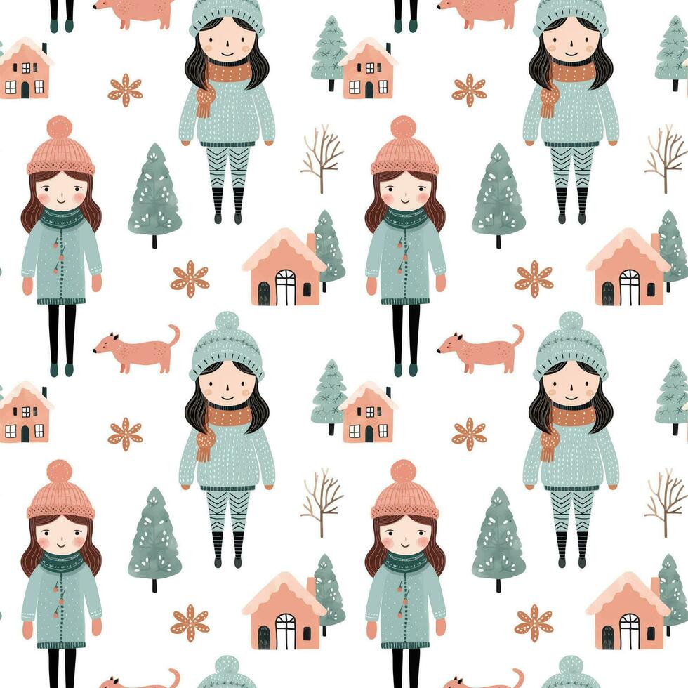 Seamless pattern with doodle girl, house and tree. Vector hand drawn christmas elements. Winter background