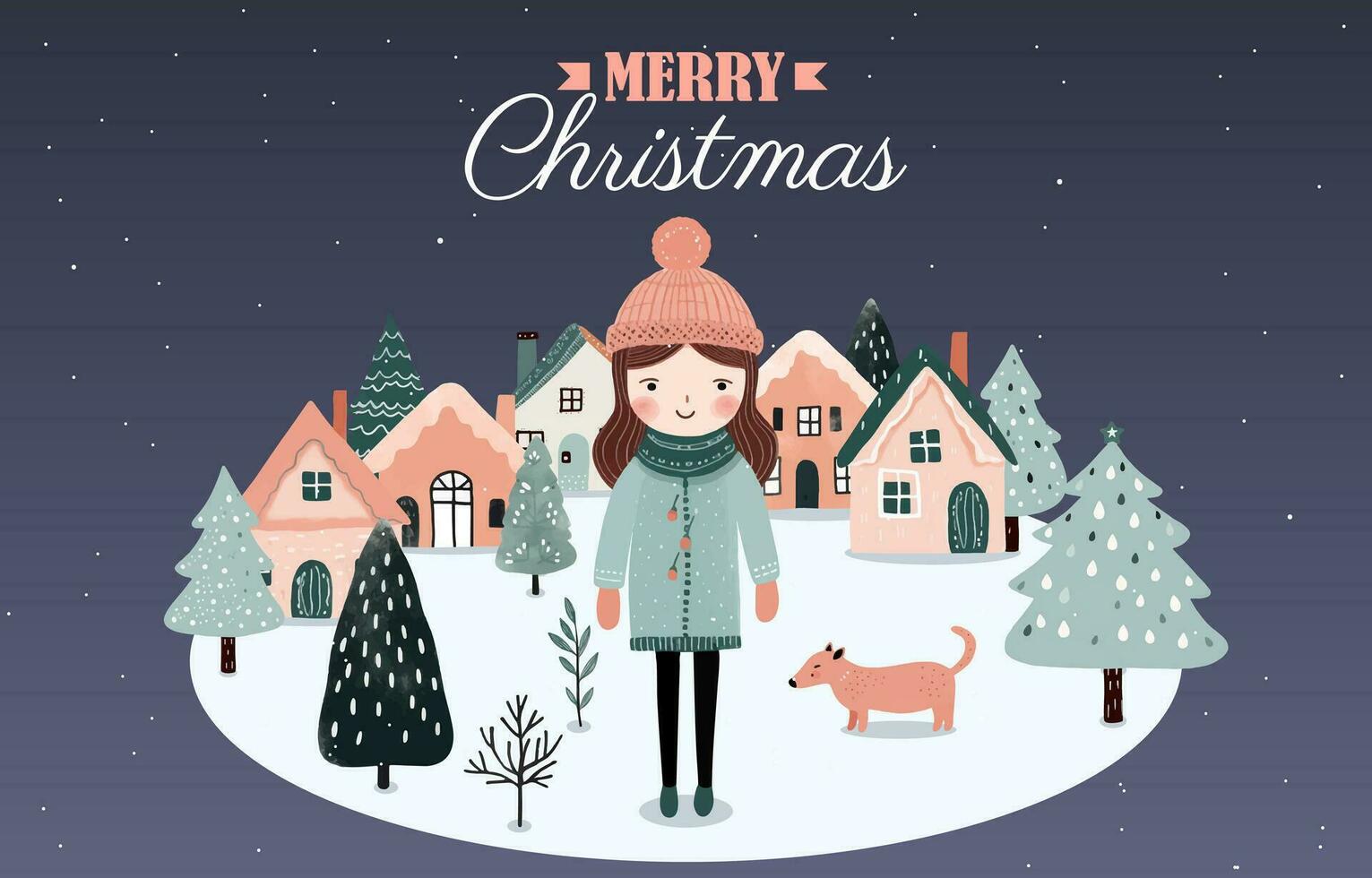 Hand drawn winter banner with girl, snowy trees, houses. Christmas design, background, poster. Wintry scenes. vector